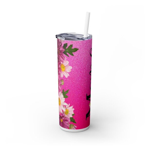 Mama Skinny Tumbler with Straw, 20oz | Floral Glitter Drinkware - Picture 2 of 5